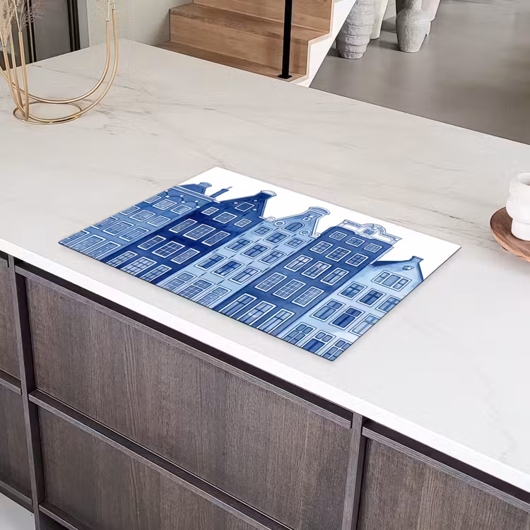 Aquarel - Grachtenpanden - Delfts - Blauw Inductie beschermer vinyl 3mm klein -sfeer8