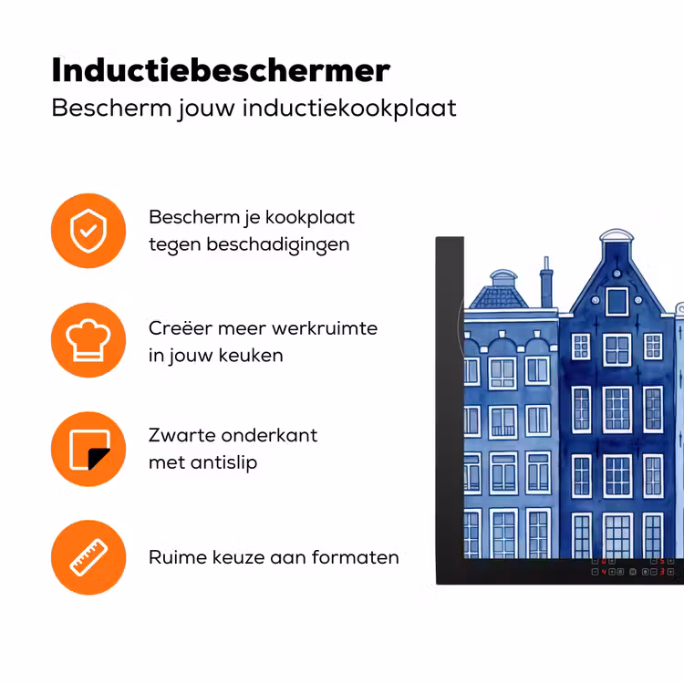 Aquarel - Grachtenpanden - Delfts - Blauw Inductie beschermer vinyl 3mm klein -zzzzzzz-td-ups