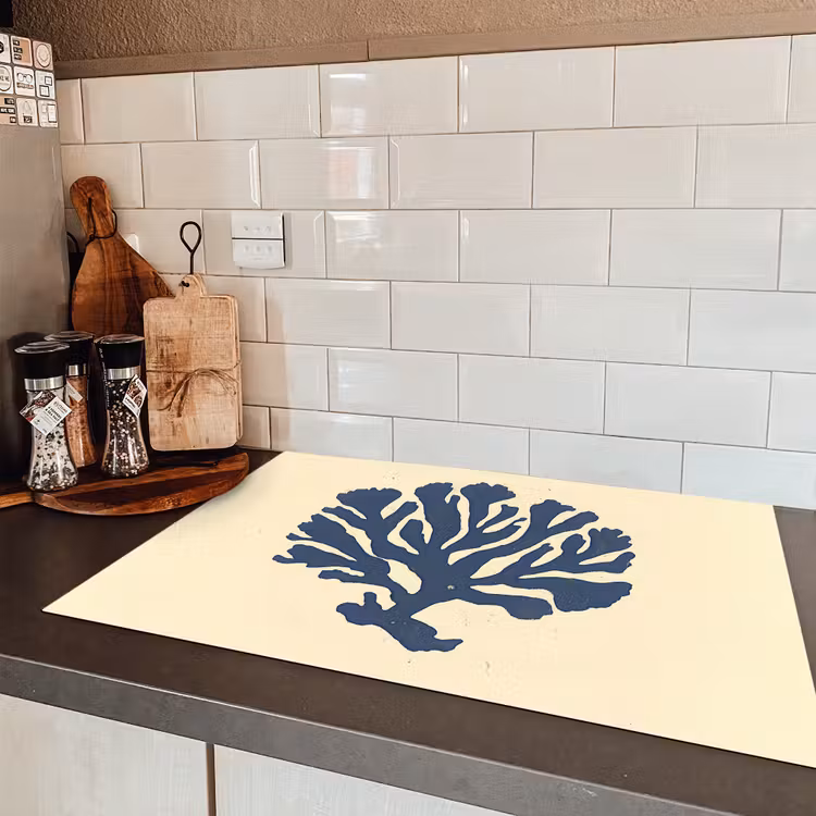 Blauw koraal - Vertakkingen - Beige Inductie beschermer vinyl 3mm klein -sfeer3