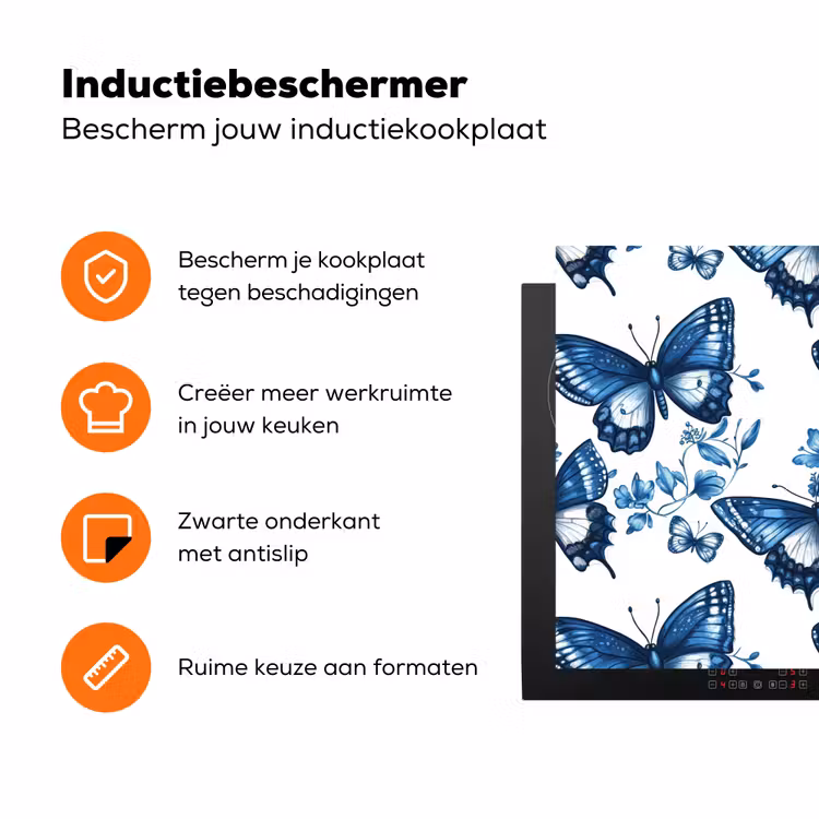 Blauw - Vlinders - Bloemen - Wit Inductie beschermer vinyl 3mm klein 276 -zzzzzzz-td-ups