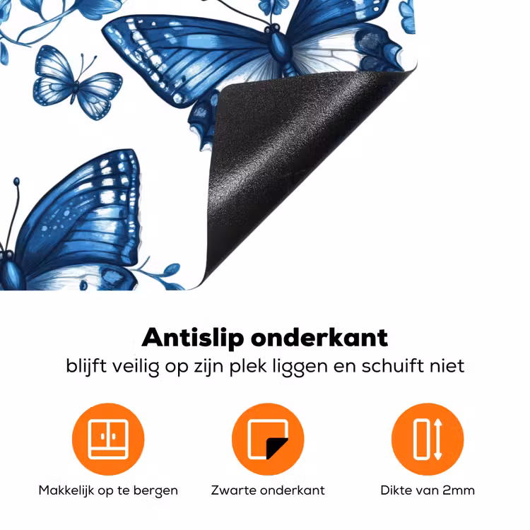 Blauw - Vlinders - Bloemen - Wit Inductie beschermer vinyl 3mm klein 276 -zzzzzzz-td-onderkant