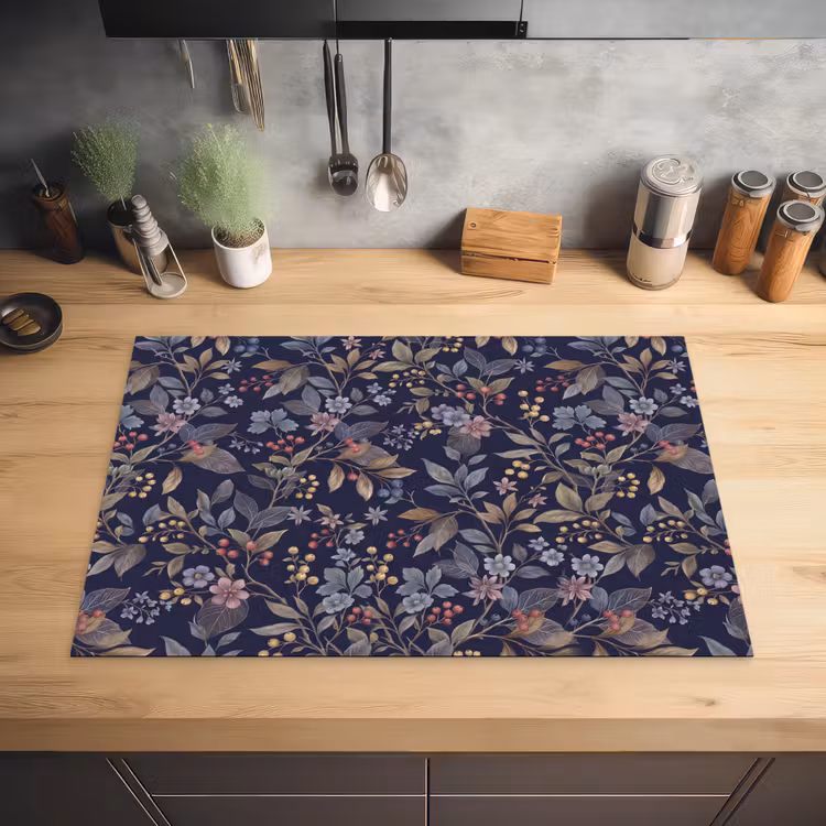 Bloemen - Bladeren - Patroon - Botanisch - Donkerblauw Inductie beschermer vinyl 3mm klein -sfeer5