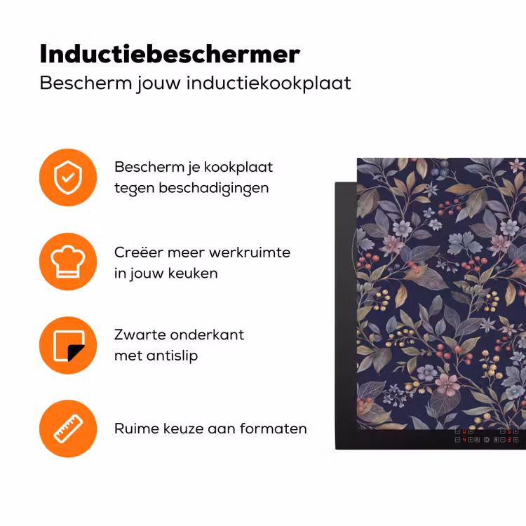 Bloemen - Bladeren - Patroon - Botanisch - Donkerblauw Inductie beschermer vinyl 3mm klein -zzzzzzz-td-ups