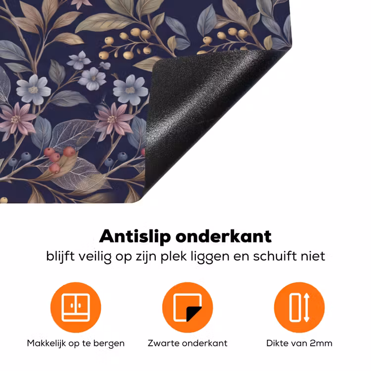 Bloemen - Bladeren - Patroon - Botanisch - Donkerblauw Inductie beschermer vinyl 3mm klein -zzzzzzz-td-onderkant