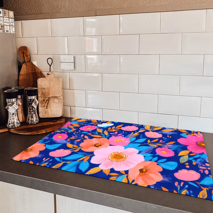 Bloemen - Blauw - Roze Inductie beschermer vinyl 3mm klein -sfeer3