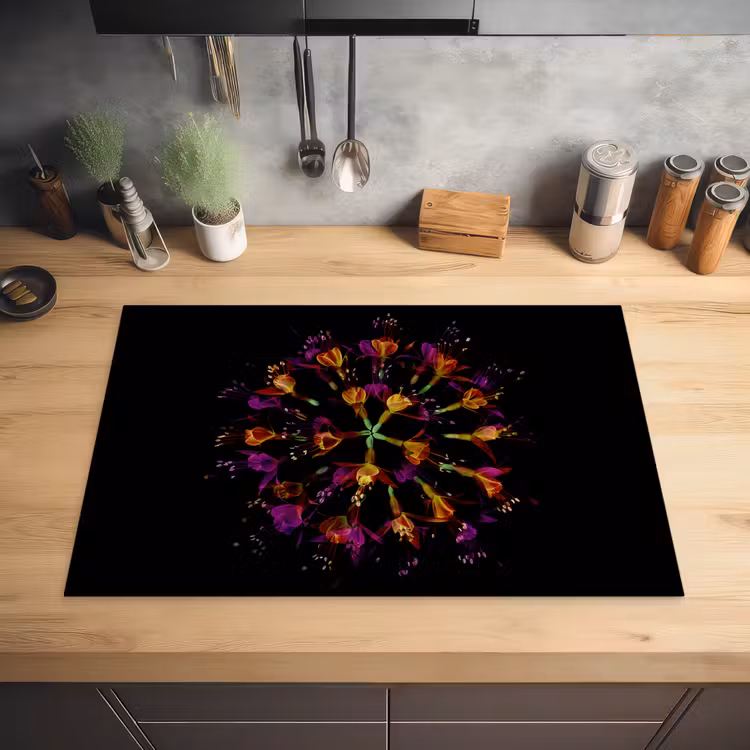 Bloemen - Oranje - Roze - Zwart Inductie beschermer vinyl 3mm klein -sfeer5