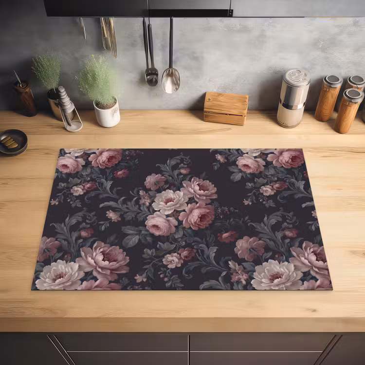 Bloemen - Patroon - Sierlijk - Roze - Donker Inductie beschermer vinyl 3mm klein -sfeer5