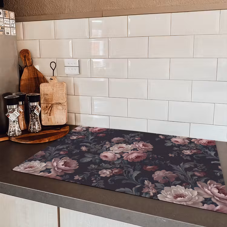 Bloemen - Patroon - Sierlijk - Roze - Donker Inductie beschermer vinyl 3mm klein -sfeer3