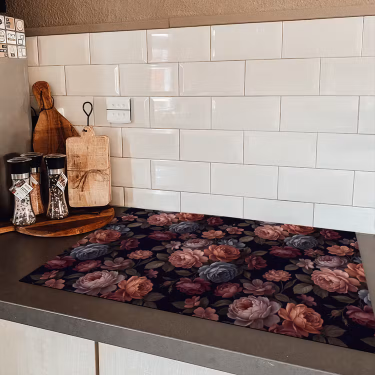 Bloemen - Patroon - Vintage - Donker - Roze Inductie beschermer vinyl 3mm klein -sfeer3