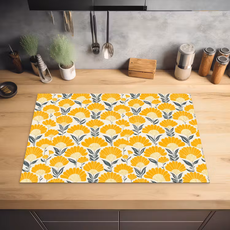 Bloemen - Retro - Botanisch - Okergeel - Grijs Inductie beschermer vinyl 3mm klein 276 -sfeer5