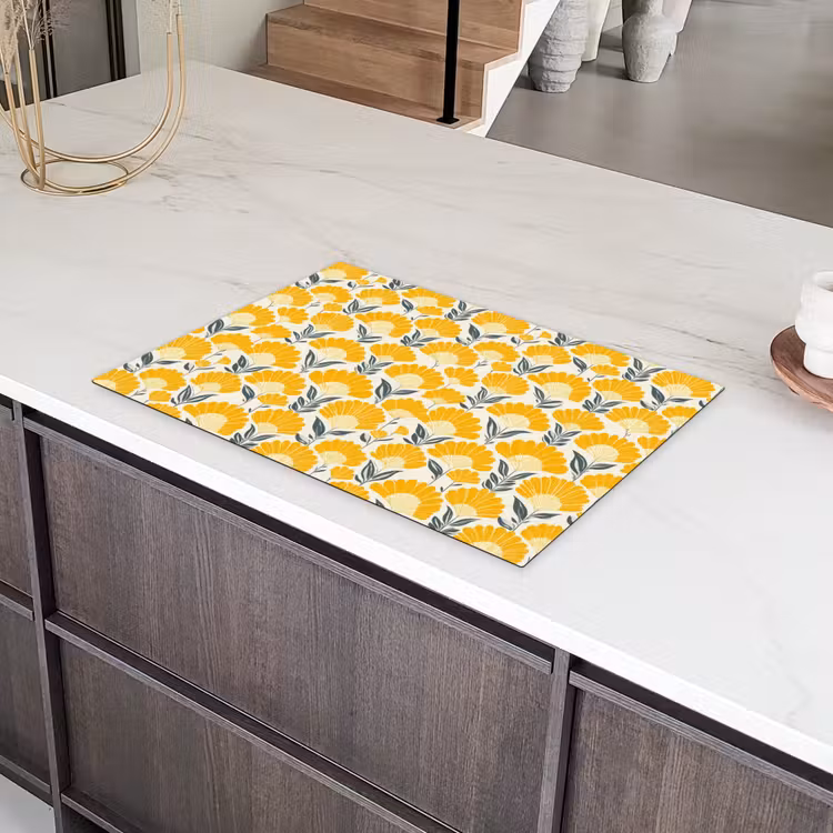 Bloemen - Retro - Botanisch - Okergeel - Grijs Inductie beschermer vinyl 3mm klein 276 -sfeer8