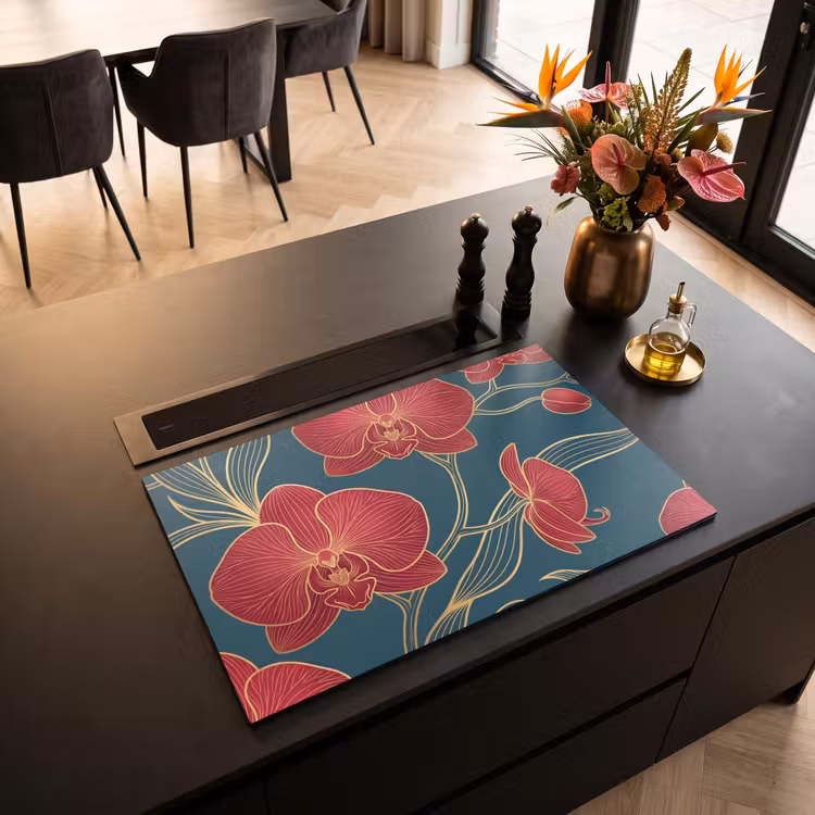 Inductiebeschermer - Bloemen - Rood - Goud - Bloemen - Rood - Goud Inductie beschermer vinyl 3mm klein