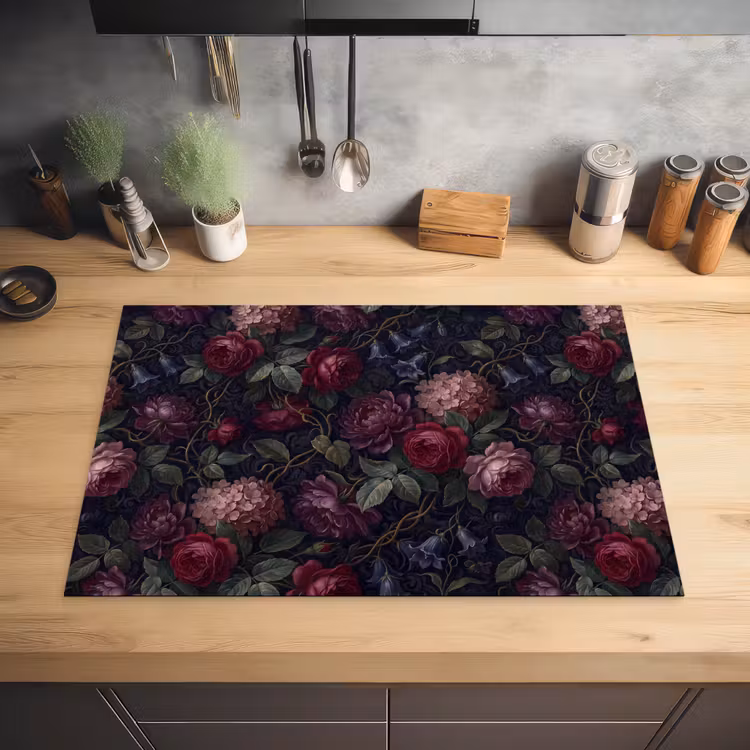 Bloemen - Rood - Klassiek - Donker - Patroon Inductie beschermer vinyl 3mm klein -sfeer5