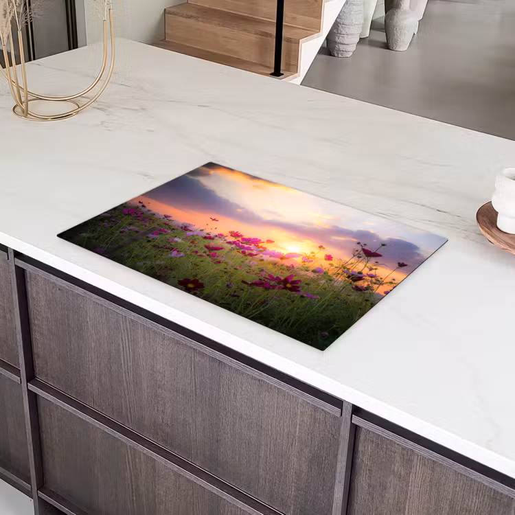 Bloemen - Roze - Zonsondergang - Natuur - Weide - Horizon Inductie beschermer vinyl 3mm klein -sfeer8