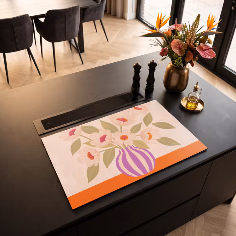 Bloemen - Vaas - Abstract - Paars - Oranje Inductie beschermer vinyl 3mm klein -sfeer5