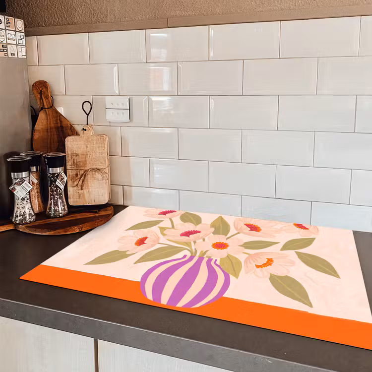 Bloemen - Vaas - Abstract - Paars - Oranje Inductie beschermer vinyl 3mm klein -sfeer3