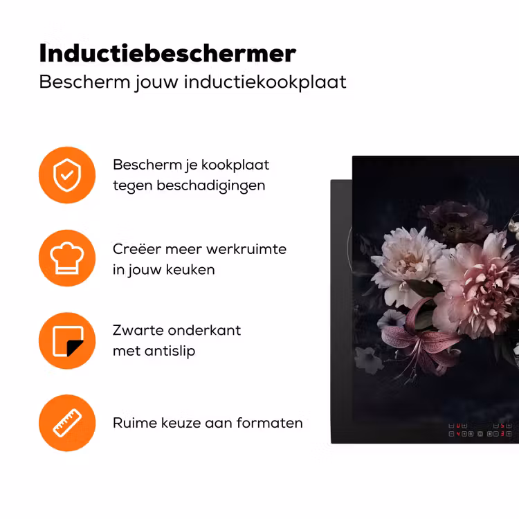 Bloemen - Vintage - Pastel - Zwart - Boeket Inductie beschermer vinyl 3mm groot -zzzzzzz-td-ups