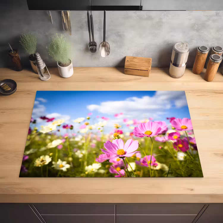 Bloemen - Wei - Paars - Gras - Wit - Wolken - Blauw Inductie beschermer vinyl 3mm klein -sfeer5
