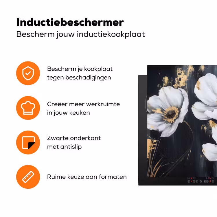 Bloemen - Wit - Abstract Inductie beschermer vinyl 3mm klein -zzzzzzz-td-ups
