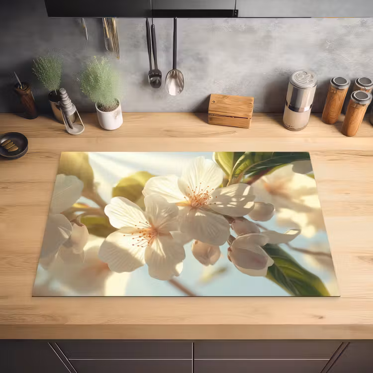 Bloesems - Wit - Zonnestralen -  Bloemblaadjes Inductie beschermer vinyl 3mm klein -sfeer5