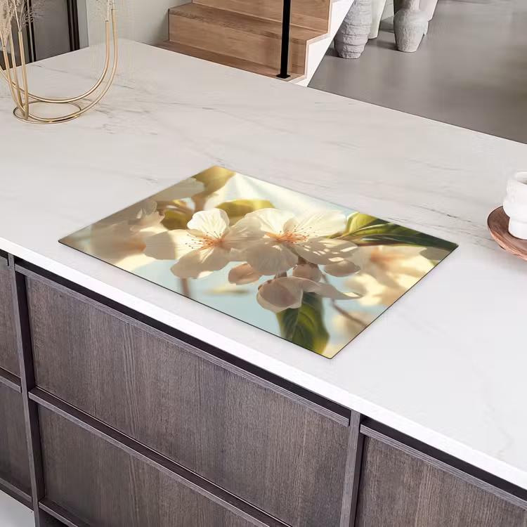 Bloesems - Wit - Zonnestralen -  Bloemblaadjes Inductie beschermer vinyl 3mm klein -sfeer8