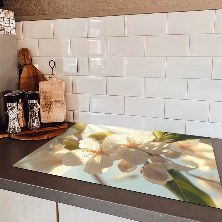 Bloesems - Wit - Zonnestralen -  Bloemblaadjes Inductie beschermer vinyl 3mm klein -sfeer3
