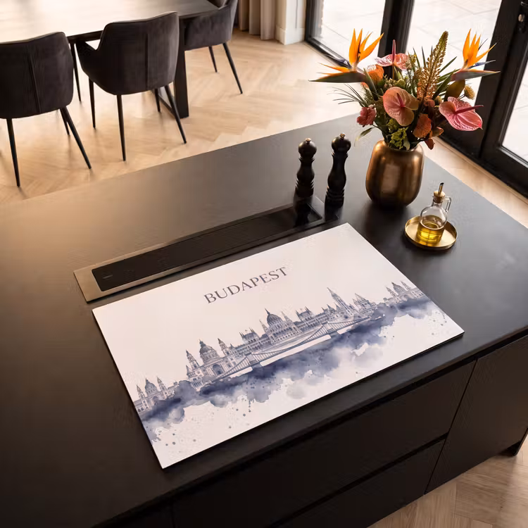 Boedapest - Skyline - Architectuur - Aquarel - Blauw Inductie beschermer vinyl 3mm klein -sfeer5