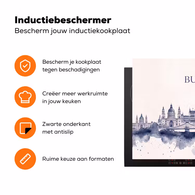 Boedapest - Skyline - Architectuur - Aquarel - Blauw Inductie beschermer vinyl 3mm klein -zzzzzzz-td-ups