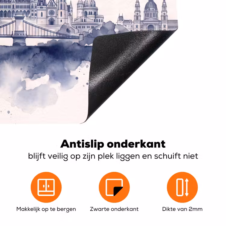 Boedapest - Skyline - Architectuur - Aquarel - Blauw Inductie beschermer vinyl 3mm klein -zzzzzzz-td-onderkant
