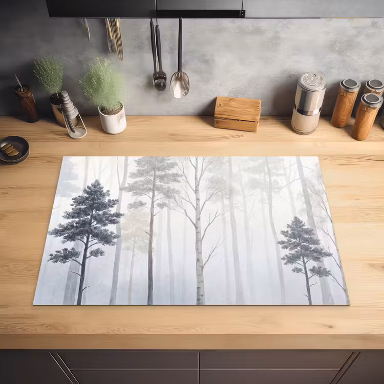 Bos - Bomen - Mist - Natuur - Illustratie - Grijs Inductie beschermer vinyl 3mm klein -sfeer5
