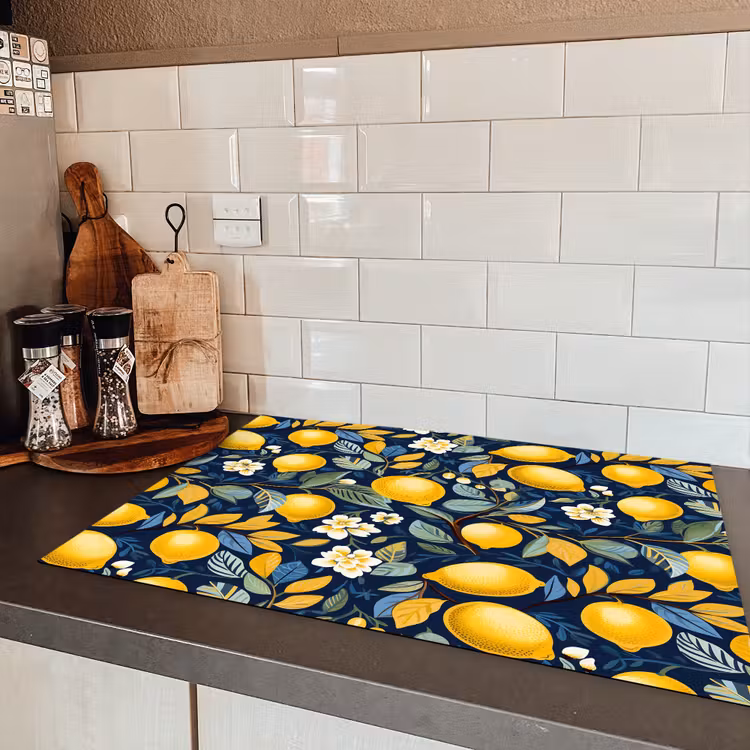 Citroenen - Bloemen - Bladeren - Blauw Inductie beschermer vinyl 3mm klein 276 -sfeer3