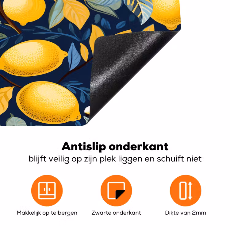 Citroenen - Bloemen - Bladeren - Blauw Inductie beschermer vinyl 3mm klein 276 -zzzzzzz-td-onderkant