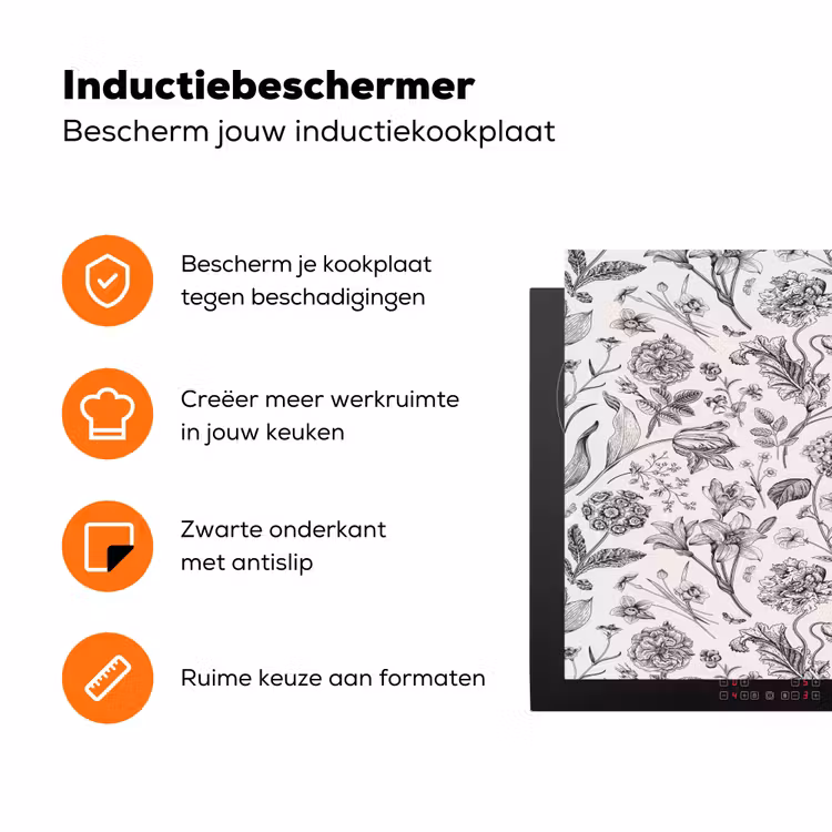 Classic - Black - White - Floral Inductie beschermer vinyl 3mm klein 276 -zzzzzzz-td-ups