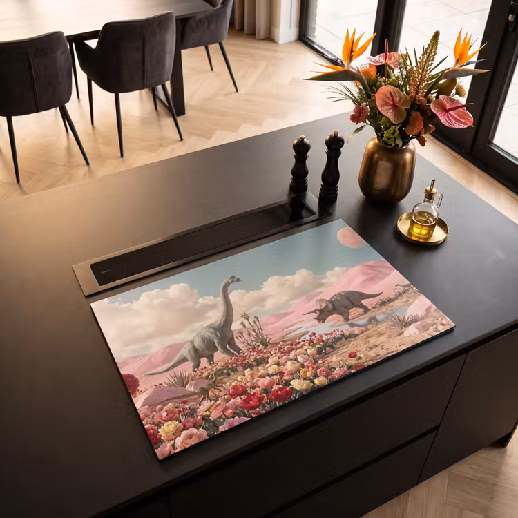 Inductiebeschermer - Dinosaurus - Roze - Landschap - Dinosaurus - Roze - Landschap Inductie beschermer vinyl 3mm klein