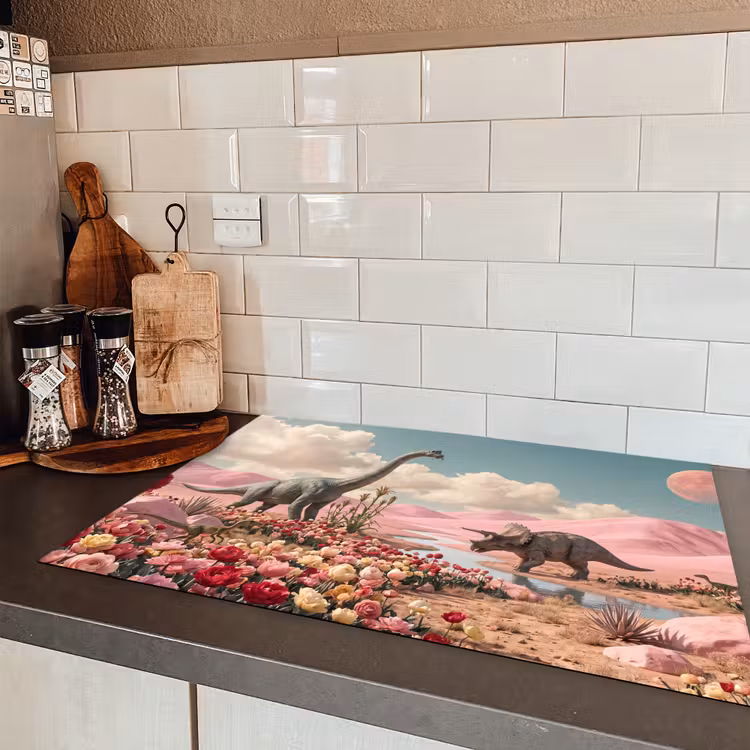 Inductiebeschermer - Dinosaurus - Roze - Landschap - Dinosaurus - Roze - Landschap Inductie beschermer vinyl 3mm klein