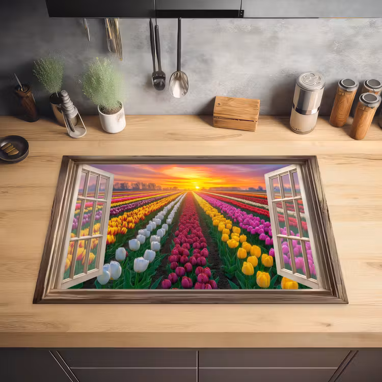 Doorkijk - Bloemen - Tulpen - Kleurrijk - Zonsondergang Inductie beschermer vinyl 3mm klein -sfeer5