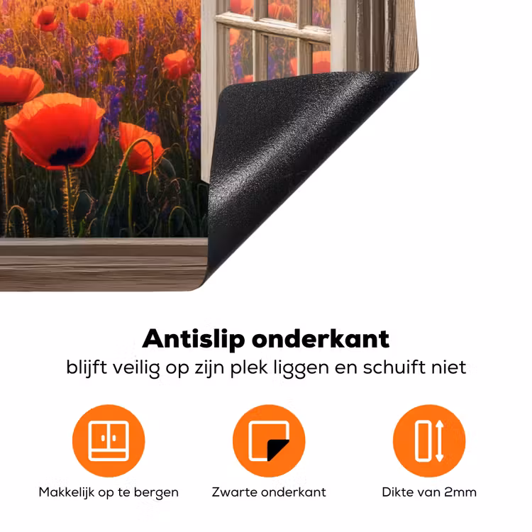Doorkijk - Klaprozen - Bloemen - Rood - Open raam Inductie beschermer vinyl 3mm klein -zzzzzzz-td-onderkant