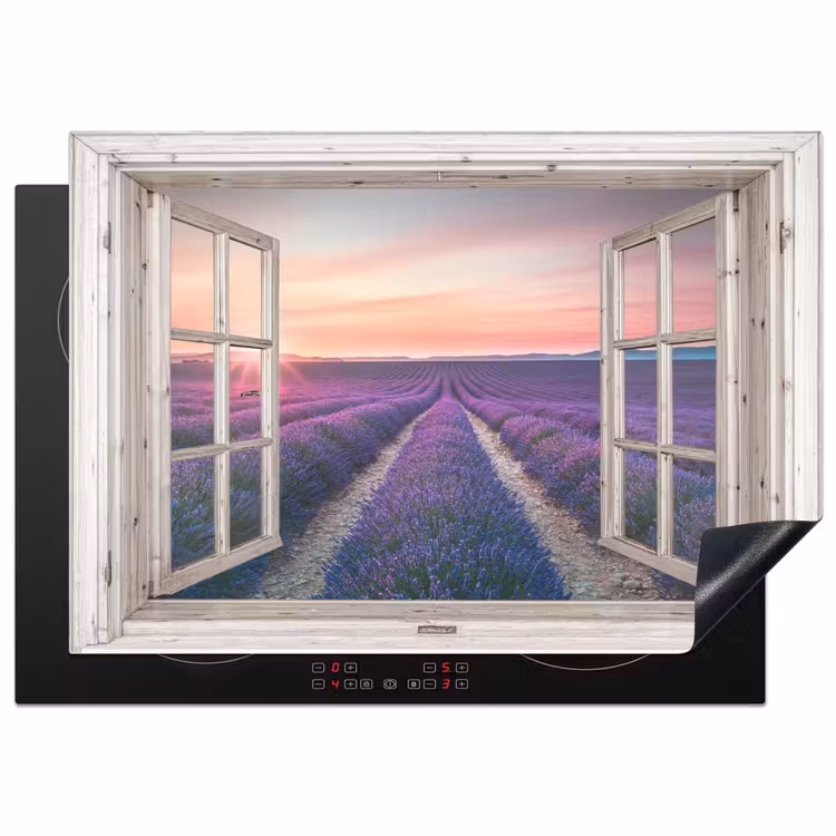 Doorkijk - Lavendel - Bloemen - Hout - Zonsondergang - Paars Inductie beschermer vinyl 3mm middel -3d