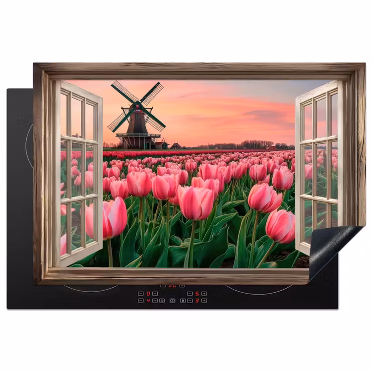 Doorkijk - Tulpen - Bloemen - Molen - Raam Inductie beschermer vinyl 3mm klein -3d