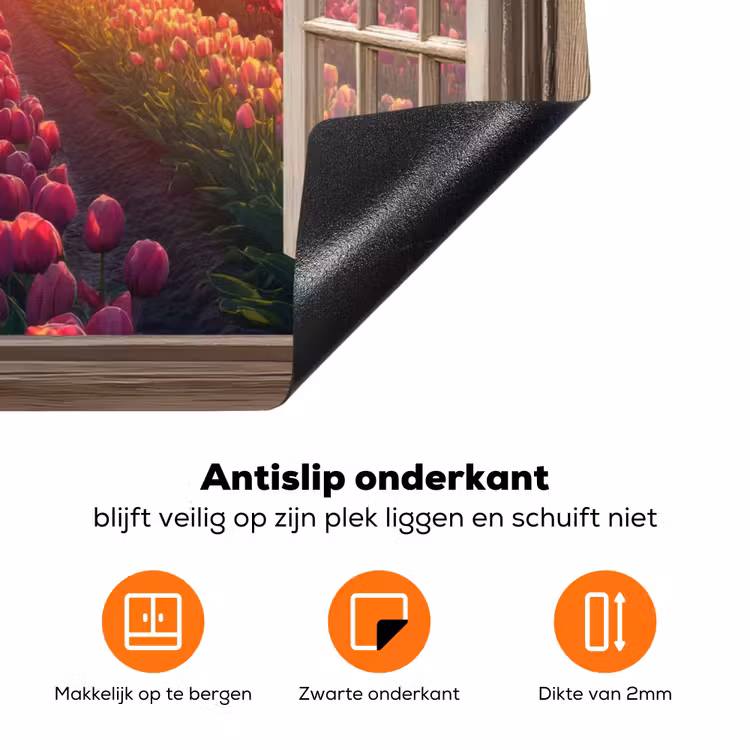 Doorkijk - Tulpen - Zonsondergang - Bloemen - Kleurrijk Inductie beschermer vinyl 3mm klein -zzzzzzz-td-onderkant
