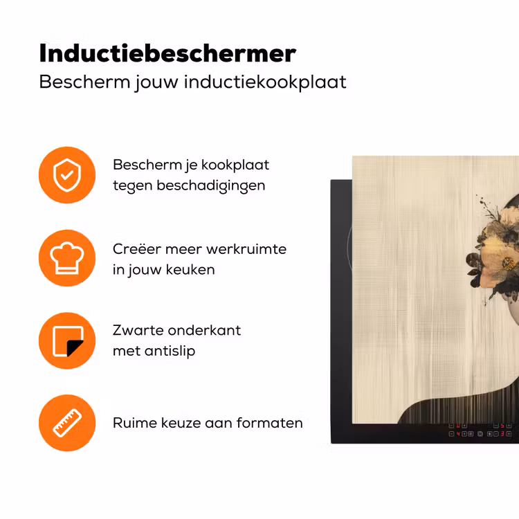 Gezicht - Bloemen - Zwart - Vrouw Inductie beschermer vinyl 3mm klein -zzzzzzz-td-ups