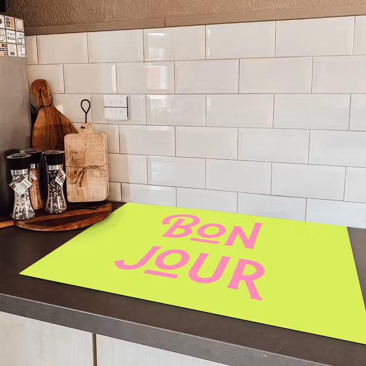 Groen - Roze bonjour - art-deco Inductie beschermer vinyl 3mm klein -sfeer3