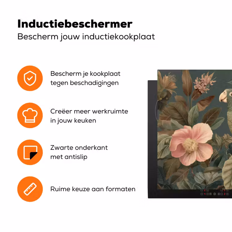 Groene papegaai - Kleurrijke bloemen - Donkere achtergrond Inductie beschermer vinyl 3mm klein -zzzzzzz-td-ups