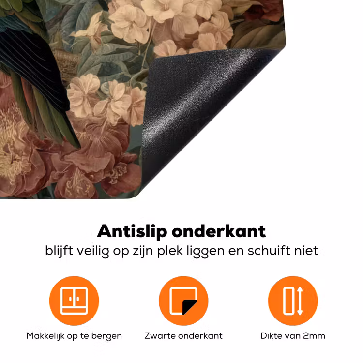 Groene papegaai - Kleurrijke bloemen - Donkere achtergrond Inductie beschermer vinyl 3mm klein -zzzzzzz-td-onderkant