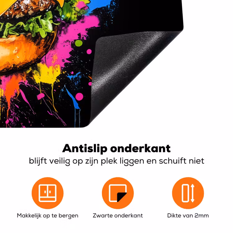 Hamburger - Graffiti - Verf - Kleurrijk - Eten - Abstract Inductie beschermer vinyl 3mm klein -zzzzzzz-td-onderkant