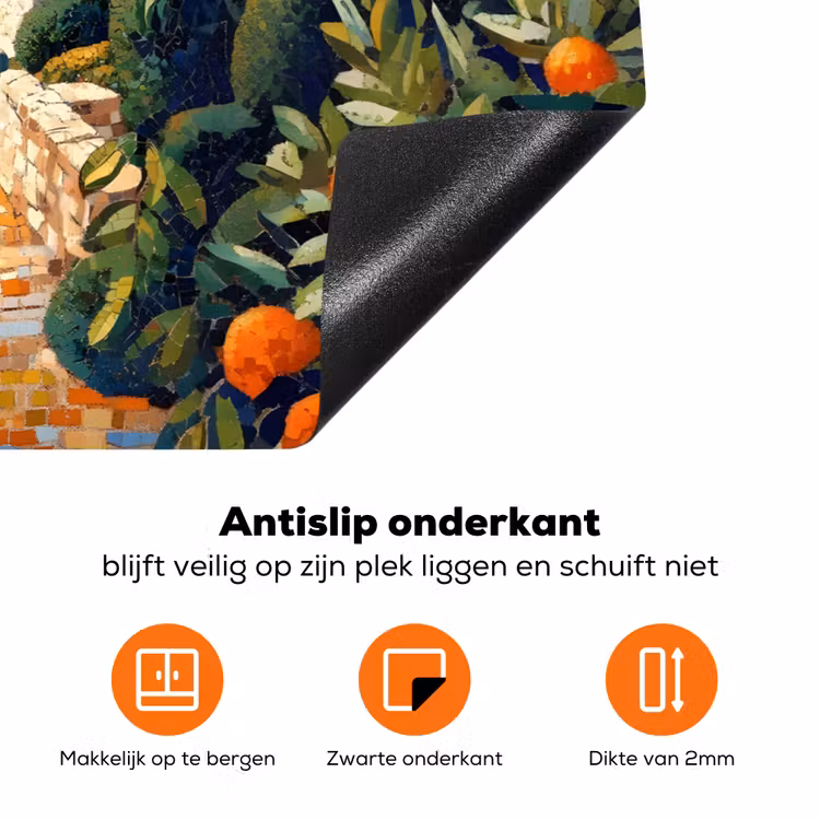 Huizen - Mozaïek - Sinaasappelbomen - Zee Inductie beschermer vinyl 3mm klein -zzzzzzz-td-onderkant