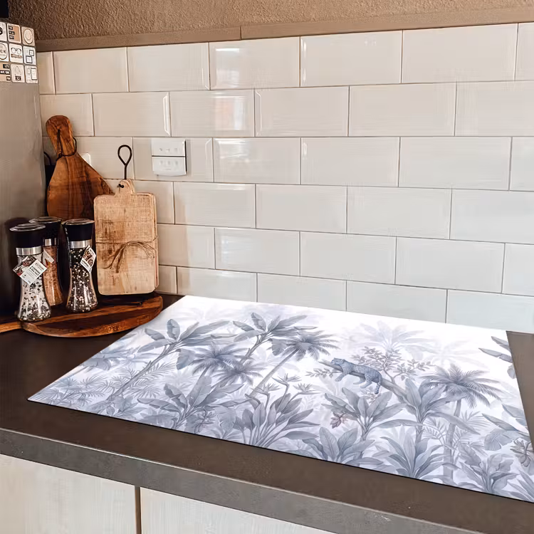 Kat - Tropisch bos - Modern - Grijs Inductie beschermer vinyl 3mm klein -sfeer3