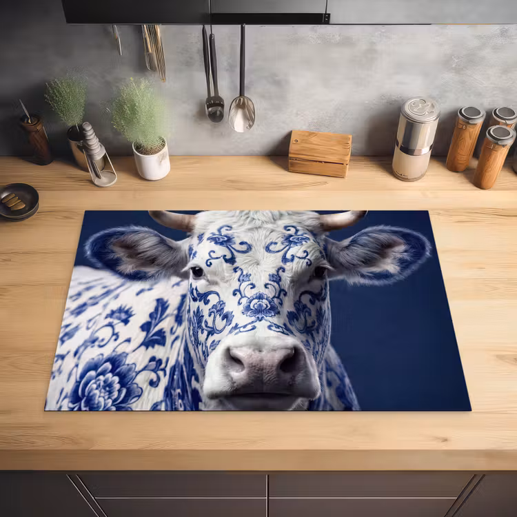 Koe - Delfts - Blauw - Artistiek Inductie beschermer vinyl 3mm klein -sfeer5