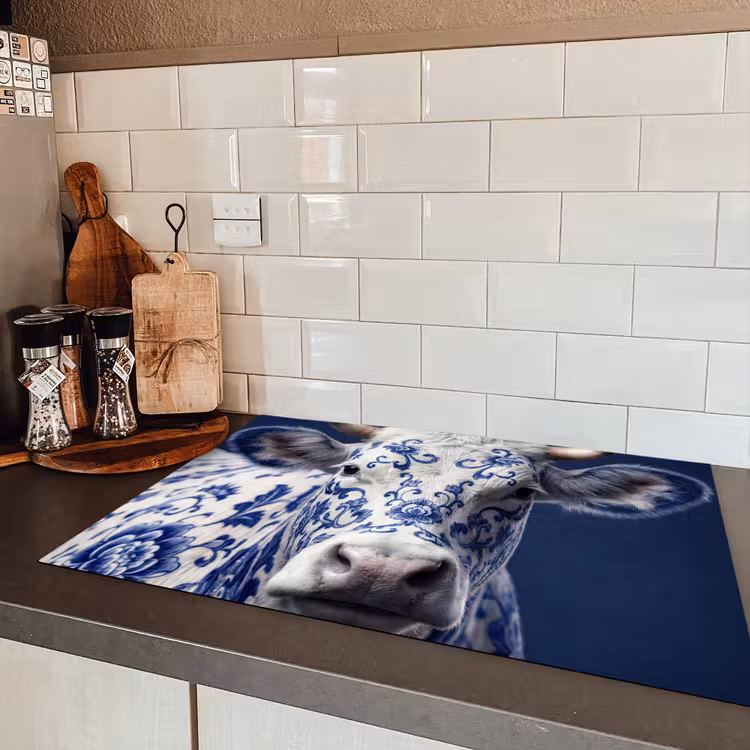Koe - Delfts - Blauw - Artistiek Inductie beschermer vinyl 3mm klein -sfeer3