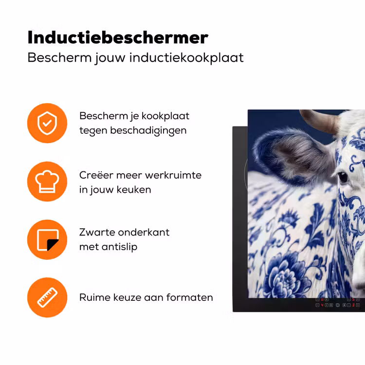 Koe - Delfts - Blauw - Artistiek Inductie beschermer vinyl 3mm klein -zzzzzzz-td-ups